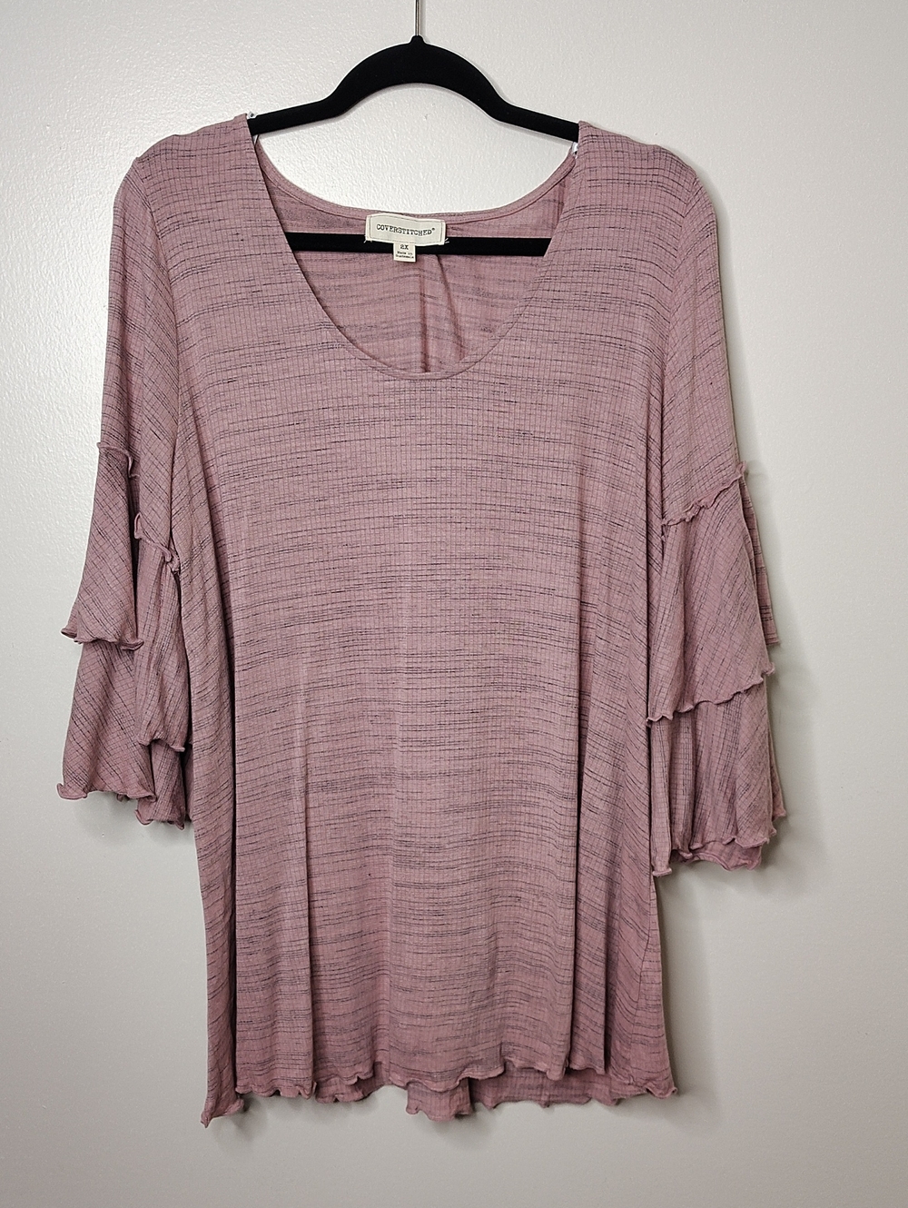 Coverstitched Dusty Mauve Layered Ruffle Sleeve Scoop Neck Tunic